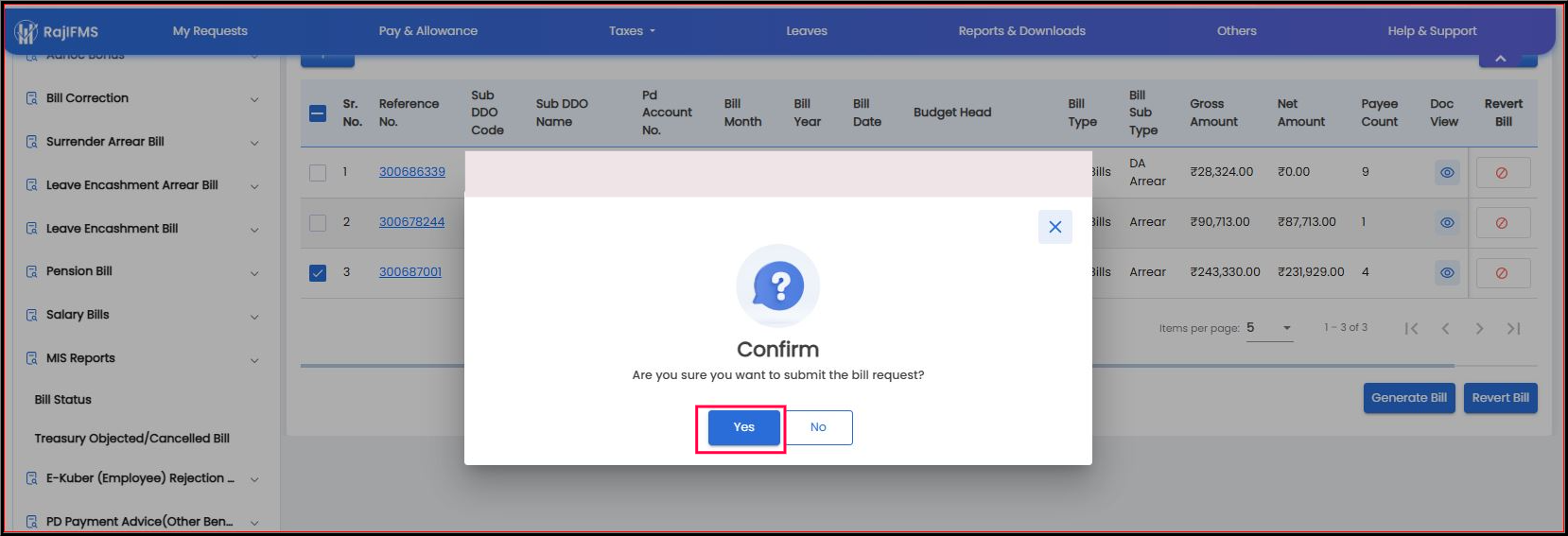 Confirm Main Bill Request